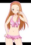  bikini bikini_skirt brown_eyes brown_hair front-tie_top idolmaster idolmaster_(classic) idolmaster_2 kisaragi_yuki long_hair minase_iori navel one_eye_closed shiny shiny_skin smile solo swimsuit 