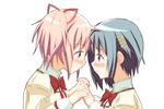  bad_id bad_pixiv_id banned_artist blue_eyes blue_hair blush eye_contact face-to-face forehead-to-forehead gonzaburou hair_ornament hair_ribbon hairclip kaname_madoka looking_at_another mahou_shoujo_madoka_magica miki_sayaka multiple_girls pink_eyes pink_hair ribbon school_uniform short_hair short_twintails smile twintails yuri 