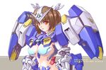  breasts brown_eyes brown_hair gundam gundam_00 gundam_00v gundam_avalanche_exia gundam_exia hair_ornament large_breasts mecha_musume mori_chu navel short_twintails simple_background solo twintails 