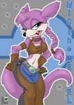  breasts cleavage clothed clothing ear_piercing fangs female gloves green_eyes half-closed_eyes hands_on_hips lil&#039;_shock lil'_shock mammal midriff mustelid navel nic_the_weasel open_mouth pants piercing ponytail purple purple_body sega solo sonic_(series) tail weasel 