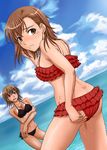  ass breasts brown_eyes brown_hair cleavage highres inanaki_shiki medium_breasts misaka_mikoto misaka_misuzu mother_and_daughter multiple_girls navel swimsuit to_aru_majutsu_no_index water 