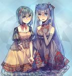  blue_eyes blue_hair dress elbow_gloves gloves green_eyes green_hair gumi hatsune_miku holding_hands long_hair multiple_girls nicohi open_mouth smile twintails very_long_hair vocaloid 