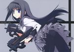  :&lt; absurdres akemi_homura ass black_hair bullpup crease dual_wielding gun hairband highres holding holding_gun holding_weapon long_hair looking_back mahou_shoujo_madoka_magica p90 panties panties_under_pantyhose pantyhose petticoat purple_eyes scan skirt solo submachine_gun suzuri_(tennenseki) trefoil trigger_discipline underwear weapon wind wind_lift 