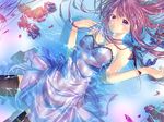  afloat alternate_costume bare_shoulders black_legwear blush dress flower highres kurpre-kuroneko long_hair looking_at_viewer patchouli_knowledge purple_eyes purple_hair solo strapless strapless_dress striped striped_dress thighhighs touhou vertical_stripes wallpaper water wet wet_clothes 