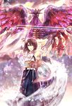  bahamut_(final_fantasy) black_hakama blue_eyes brown_hair detached_sleeves dissidia_012_final_fantasy dissidia_final_fantasy final_fantasy final_fantasy_x green_eyes hakama heterochromia highres japanese_clothes print_hakama short_hair staff yuna_(ff10) z-epto_(chat-noir86) 