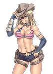  adjusting_clothes adjusting_hat american_flag_bikini armlet bare_shoulders belt bikini bikini_top blonde_hair blue_eyes breasts choker cleavage cowboy_hat cowboy_shot elbow_gloves fingerless_gloves flag_print gloves grin hat heart highres houtengeki jewelry large_breasts long_hair looking_at_viewer navel pendant pouch ragnarok_online short_shorts shorts simple_background smile solo star swimsuit thigh_strap toned vambraces western whitesmith 