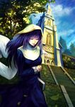  asagami_fujino bad_id bad_pixiv_id blurry book church closed_eyes cloud depth_of_field habit hand_on_own_stomach highres kara_no_kyoukai kote_(tures) lips long_hair purple_hair sky solo stairs tree 