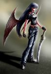  belt blue_hair blush_response bracelet collar demon_wings denim ear_piercing fingerless_gloves gloves hair_tubes hands_on_hilt jeans jewelry long_hair midriff original pants pierced_wings piercing solo sword torn_clothes torn_jeans torn_pants very_long_hair weapon wing_piercing wings 