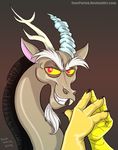  2011 antlers beard brown_background discord_(mlp) draconequus dragon facial_hair friendship_is_magic grin hasbro horn looking_at_viewer male my_little_pony plain_background poor_yorick red_eyes simple_background solo yellow_eyes 