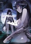  ass black_hair breasts bunny censored hair_in_mouth large_breasts long_hair looking_at_viewer monster_girl mouth_hold multiple_girls novelty_censor nude original pupps tail very_long_hair wading water 