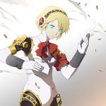  aegis_(persona) android armband bad_id bad_pixiv_id blonde_hair blue_eyes bow finger_cannon gun persona persona_3 shell_casing short_hair smoke smoking_gun solo ultra00 weapon 