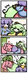  &gt;_o :&lt; bow comic creeper edowan green_hair hat highres komeiji_koishi komeiji_satori minecraft multiple_girls one_eye_closed pig purple_eyes purple_hair touhou 