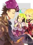 2girls :d ahoge alvin_(tales) bad_id bad_pixiv_id blonde_hair blue_hair brown_eyes brown_hair coat cravat creature dress elize_lutus frills gloves happy hyakuhachi_(over3) long_hair milla_maxwell multicolored_hair multiple_girls open_mouth profile red_eyes smile tales_of_(series) tales_of_xillia teepo_(tales) two-tone_hair x_x 