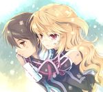  1girl ahoge black_hair blonde_hair brown_eyes carrying gloves hug hug_from_behind image_sample injury jude_mathis komi_zumiko long_hair md5_mismatch milla_maxwell piggyback pixiv_sample red_eyes tales_of_(series) tales_of_xillia 