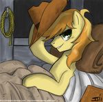  2011 blanket blonde_hair braeburn_(mlp) cowboy_hat detailed_background equine feral friendship_is_magic green_eyes hair hasbro hat horse inside john_joseco lasso looking_at_viewer lying male mammal my_little_pony on_back orange_hair pillow pony resting rope smile solo two_tone_hair 