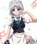  braid card diamond_(shape) dr._cryptoso falling_card hair_ribbon highres holding holding_card izayoi_sakuya lens_flare maid maid_headdress playing_card red_eyes ribbon short_hair silver_hair solo touhou twin_braids 