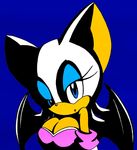  blue_background blue_eyes breasts cleavage clothed clothing darksonic250 dramatic_lighting female hair mammal plain_background rouge_the_bat sega solo sonic_(series) white white_hair wings 