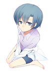  barefoot between_thighs blue_eyes blue_hair dress_shirt earrings from_above jewelry labcoat looking_at_viewer nakamura_kana nichijou off_shoulder pencil_skirt shirt short_hair sitting skirt solo sou_(tuhut) stud_earrings v_arms wariza 