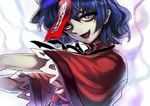  aura blue_eyes jiangshi jitome kogiso miyako_yoshika ofuda open_mouth outstretched_arms pale_skin purple_hair short_hair short_sleeves smile solo touhou wide_sleeves zombie_pose 