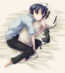  androgynous bad_id bad_pixiv_id blue_hair cat collared_shirt dakimakura full_body lying nakamura_kana nichijou shirt short_hair sigure sleeping solo 