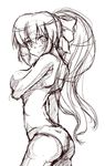  akibin ass back bow breast_hold breasts embarrassed greyscale hair_bow large_breasts long_hair looking_at_viewer looking_back monochrome no_pants noihara_himari omamori_himari panties ponytail sidelocks simple_background sketch solo standing topless underwear white_background 