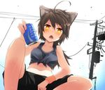  ahoge animal_ears bare_shoulders blush brand_name_imitation brown_hair can cat_ears chestnut_mouth collarbone fang from_below hot long_hair midriff navel open_mouth original pocari_sweat ponytail power_lines shorts solo squatting sweat tank_top telephone_pole transformer wk_(low-f) wristband yellow_eyes 