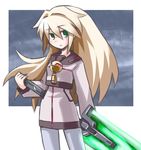  blonde_hair green_eyes holding kugelschreiber long_hair looking_at_viewer sailor_collar solo sora_(suguri) suguri sword very_long_hair weapon 