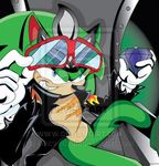  blue_eyes chaos_emerald crown eyewear gem green green_body grin hedgehog leather_jacket male mammal nazo_moon scar scourge_the_hedgehog sega sharp_teeth sitting solo sonic_(series) sunglasses teeth watermark 