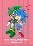  &hearts; birthday blue blue_body blue_eyes couple crown eyewear gloves green green_body hedgehog leather_jacket male mammal marillmatey scar scourge_the_hedgehog sega shoes sonic_(series) sonic_the_hedgehog sunglasses 