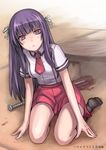  baka_to_test_to_shoukanjuu baseball_bat black_legwear blood blood_stain blush kirishima_shouko kneehighs long_hair looking_at_viewer nail nail_bat necktie open_mouth purple_eyes purple_hair school_uniform sitting skirt solo tea_(nakenashi) 