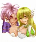  asymmetrical_docking bad_id bad_pixiv_id blonde_hair breast_press breasts chloe_(elsword) cleavage dark_elf earrings elf elsword facial_mark grand_archer_(elsword) hair_ornament jewelry large_breasts long_hair minamike_yuri multiple_girls pink_eyes pink_hair pointy_ears rena_(elsword) smile white_background yellow_eyes 