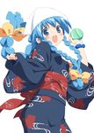  :d blue_eyes blue_hair blue_kimono bracelet hat ikamusume japanese_clothes jewelry kimono open_mouth peko shinryaku!_ikamusume smile solo tentacle_hair tri_braids yukata 