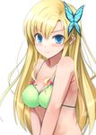  bare_shoulders bikini blonde_hair blue_eyes blush boku_wa_tomodachi_ga_sukunai breasts bug butterfly butterfly_hair_ornament cleavage green_bikini hair_ornament insect jas_(annkoromochi) kashiwazaki_sena long_hair looking_at_viewer medium_breasts simple_background solo swimsuit upper_body v_arms 