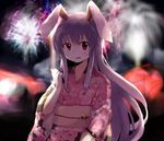  alternate_costume animal_ears arm_up bad_id bad_pixiv_id bunny_ears dress fireworks japanese_clothes kimono long_hair mika_(moc828) obi pink_dress pink_kimono purple_hair red_eyes reisen_udongein_inaba sash smile solo touhou unmoving_pattern upper_body yukata 