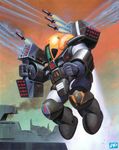  box_art building condensation_trail damaged dorvack english flying highres kobayashi_makoto_(illustrator) mecha missile no_humans official_art oldschool power_armor production_art promotional_art scan science_fiction smoke tinker_bell_(mecha) tokusou_kihei_dorvack 