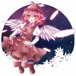  animal_ears bad_id bad_pixiv_id blush bow dress earrings feathers hat highres jewelry mystia_lorelei nekosugi_(hoshi) pink_eyes pink_hair short_hair smile solo thighhighs touhou wings zettai_ryouiki 