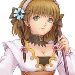  1girl bad_id bad_pixiv_id bow braid breasts brown_hair cleavage flower green_eyes hair_bow hair_flower hair_ornament hairband leia_rolando medium_breasts multicolored_hair short_hair smile solo tales_of_(series) tales_of_xillia twin_braids two-tone_hair 