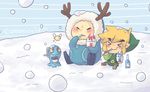  anouki antlers belt blonde_hair boots chuchu_(the_legend_of_zelda) closed_eyes cold eating fairy ice link pointy_ears sitting smile snow snowing the_legend_of_zelda the_legend_of_zelda:_phantom_hourglass the_legend_of_zelda:_the_wind_waker toon_link tsutsuji tunic wings winter 