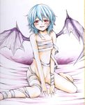  bad_id bad_pixiv_id bandages bare_shoulders bat_wings bed blue_hair blush bottomless groin iroha_(nullpo) large_wings millipen_(medium) naked_bandage navel no_hat no_headwear red_eyes remilia_scarlet shikishi sitting smile solo touhou traditional_media wariza watercolor_pencil_(medium) wings 