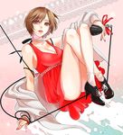  breasts brown_eyes brown_hair cleavage flapper_girl high_heels jewelry large_breasts lipstick makeup meiko microphone necklace okeya_(ol23) red_lipstick red_skirt ribbon shoes short_hair skirt smile solo vocaloid 