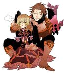  1girl alvin_(tales) bad_id bad_pixiv_id blonde_hair boots brown_eyes brown_hair coat creature dress elize_lutus gloves height_difference knee_boots long_hair ribbon short_hair sitting smile sudachips tales_of_(series) tales_of_xillia teepo_(tales) white_background yellow_eyes 