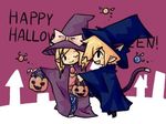  1girl animal_ears black_eyes blonde_hair bow candy cat_ears cat_tail costume dress fairy food halloween happy_halloween hat jewelry link long_hair lowres one_eye_closed open_mouth pointy_ears princess_zelda pumpkin purple_background robe short_hair smile tail the_legend_of_zelda the_legend_of_zelda:_the_wind_waker toon_link tsutsuji witch_hat 