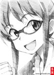  :d akizuki_ritsuko clenched_hand glasses gofu greyscale idolmaster idolmaster_(classic) monochrome open_mouth sketch smile solo spot_color traditional_media 