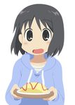  black_eyes black_hair blush food hood hoodie nichijou omurice open_mouth shinonome_nano shirika short_hair smile solo 