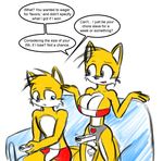  blue_eyes boxers bra bulge canine clothing dialog dialogue dildo duo english_text female fox male mammal melissa_&quot;tailsko&quot;_prower-henegan miles_prower mother norithics nunchaku nunchuck parent plain_background sega sex_toy sitting sofa sonic_(series) strapon tail text underwear vibrator white_background wii wiimote 