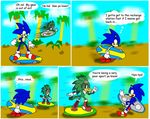  beak blue blue_body blue_eyes comic dialog dialogue extreme_gear gloves green green_body green_eyes hawk hedgehog humor jet_the_hawk mammal running sega shoes sonic_(series) sonic_riders sonic_the_hedgehog text tongue tree wakeangel2001 wood 