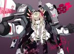  black_legwear blonde_hair drill_hair elbow_gloves gloves gradient gradient_background hair_ornament hand_to_own_mouth kusanagi_kikoku long_hair mecha mechanical_arm original red_eyes smile solo spread_legs standing thighhighs 