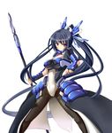  armor black_hair black_legwear bow breasts fingerless_gloves gloves highres honda_futayo kyoukaisenjou_no_horizon large_breasts long_hair pantyhose polearm ponytail purple_eyes simple_background solo spear takanashi-a vambraces very_long_hair weapon 