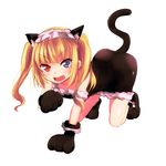  animal_ears blonde_hair blue_eyes boku_wa_tomodachi_ga_sukunai cat_ears cat_paws dress fang gloves hasegawa_kobato heterochromia kneeling long_hair open_mouth paw_gloves paws red_eyes smile solo tom_(drpow) two_side_up 