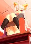  blush book condom desk feline female hair kusomiso legs_up looking_at_viewer mammal pink_hair presenting red_eyes school schoolgirl seductive shoes skirt socks solo suggestive upskirt 